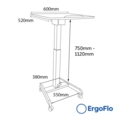 ErgoFlo Height Adjustable LaptopTable 600mm x520mm WHITE