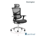 Donington Posture Chair with black mesh, arms, and headrest