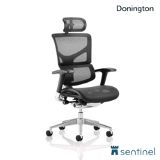 Donington Posture Chair with black mesh, arms, and headrest